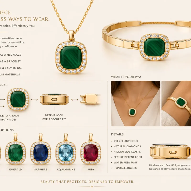 Convertible 18K yellow gold emerald pendant necklace and bracelet with diamond halo and detent lock mechanism, shown in multiple styling configurations.