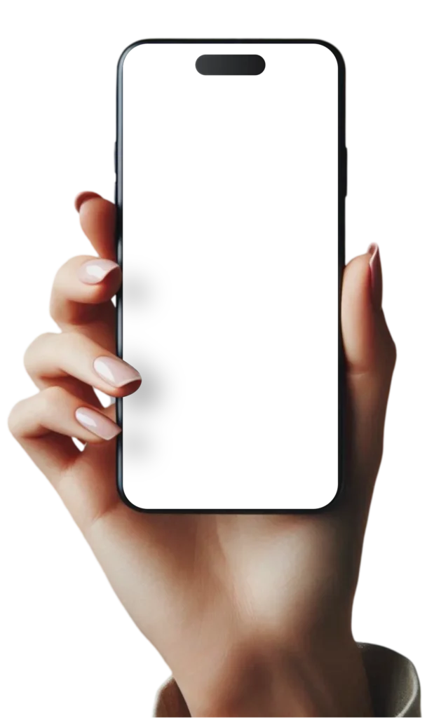 Hand holding a smartphone with blank white screen and notch display against white background.