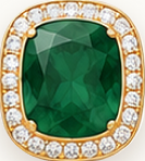 Emerald gemstone in an 18K gold setting with diamond halo