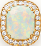 Opal gemstone in an 18K gold setting with diamond halo