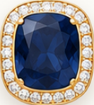 Sapphire gemstone in an 18K gold setting with diamond halo