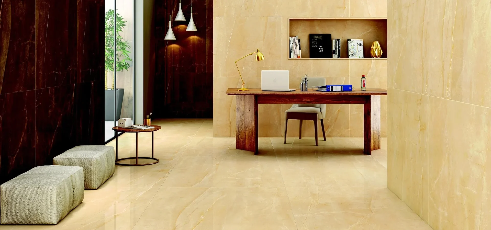 Modern office workspace featuring cream marble flooring, burgundy accent wall, wooden desk with laptop, wall-mounted shelving, and pendant lighting.