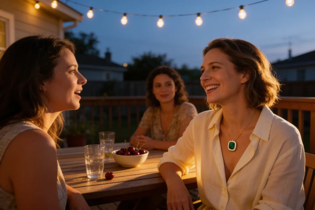 Three women enjoying evening conversation at a wooden table on a backyard deck with string lights overhead, one wearing a white blouse with a green pendant necklace.