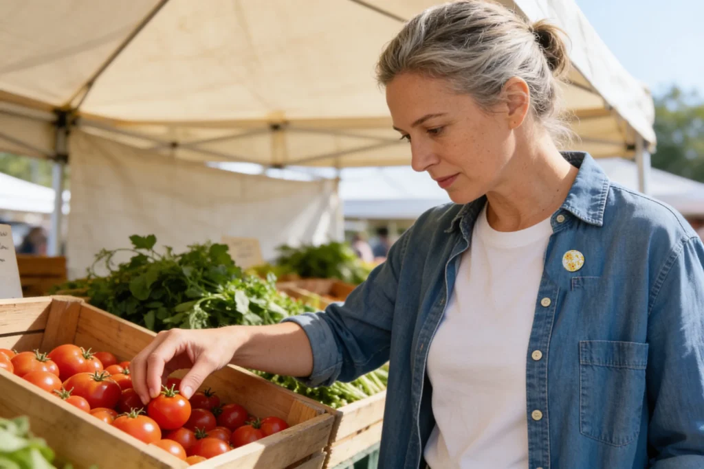 Woman selecting tomatoes at a farmers market stand under a tent canopy.