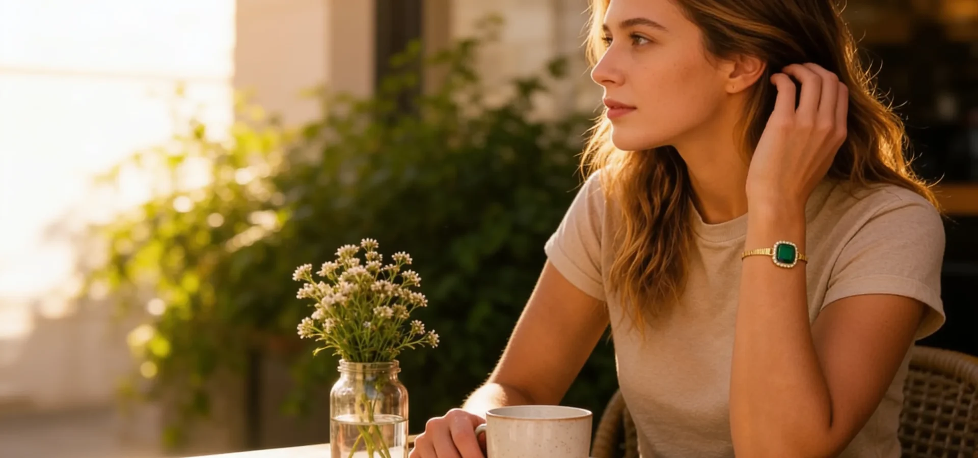 Woman in beige shirt sitting at outdoor table with coffee mug, wearing emerald bracelet, gazing thoughtfully while sunlight illuminates white flowers in glass vase.