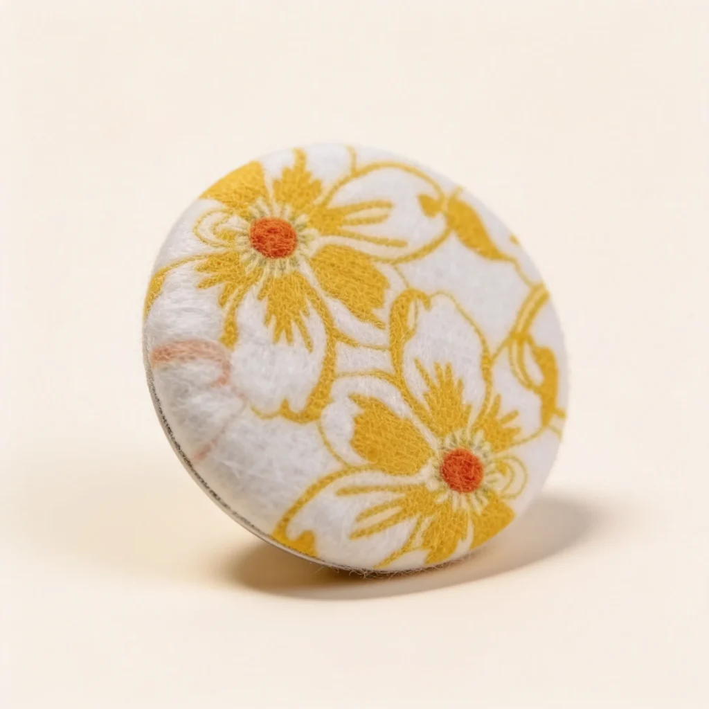 Round pendant with white fabric embroidered with yellow sunflowers and red centers.