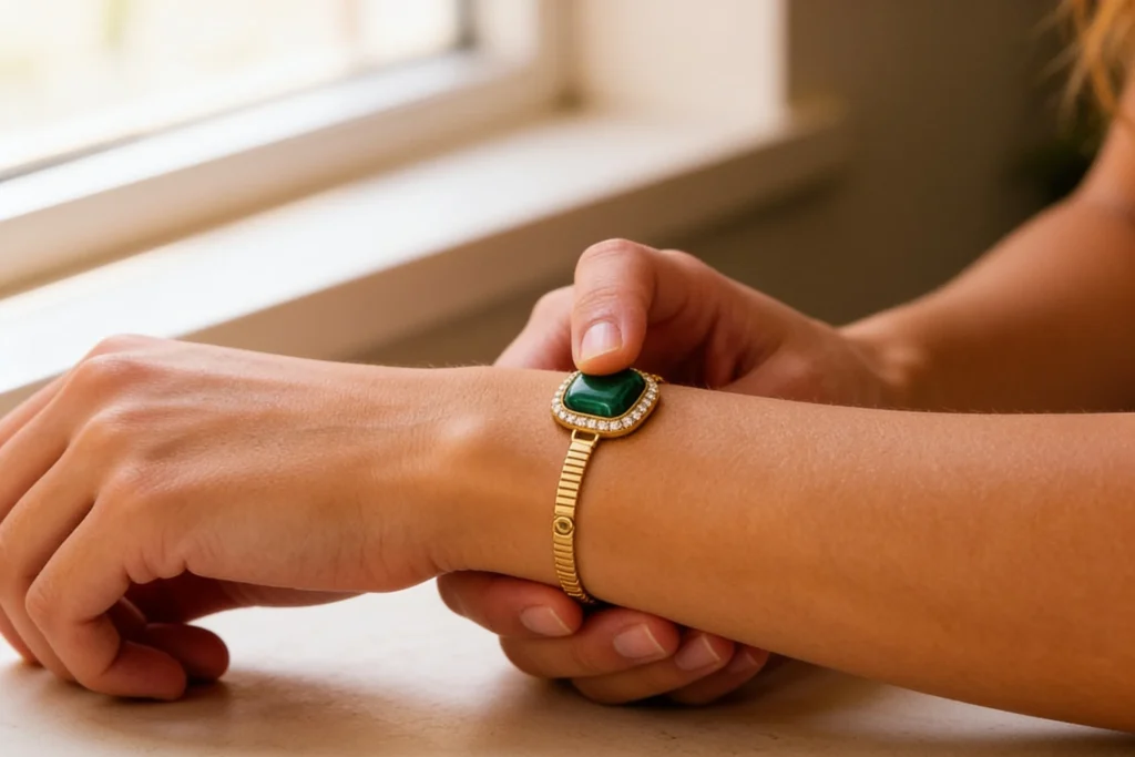 Child's hand wearing a gold bracelet with a green stone pendant and decorative crystal border.