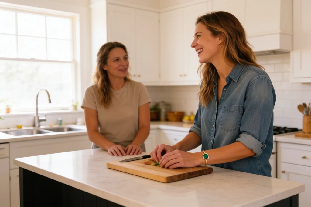 Two women in a bright kitchen, one chopping vegetables on a wooden cutting board while the other watches, both smiling.