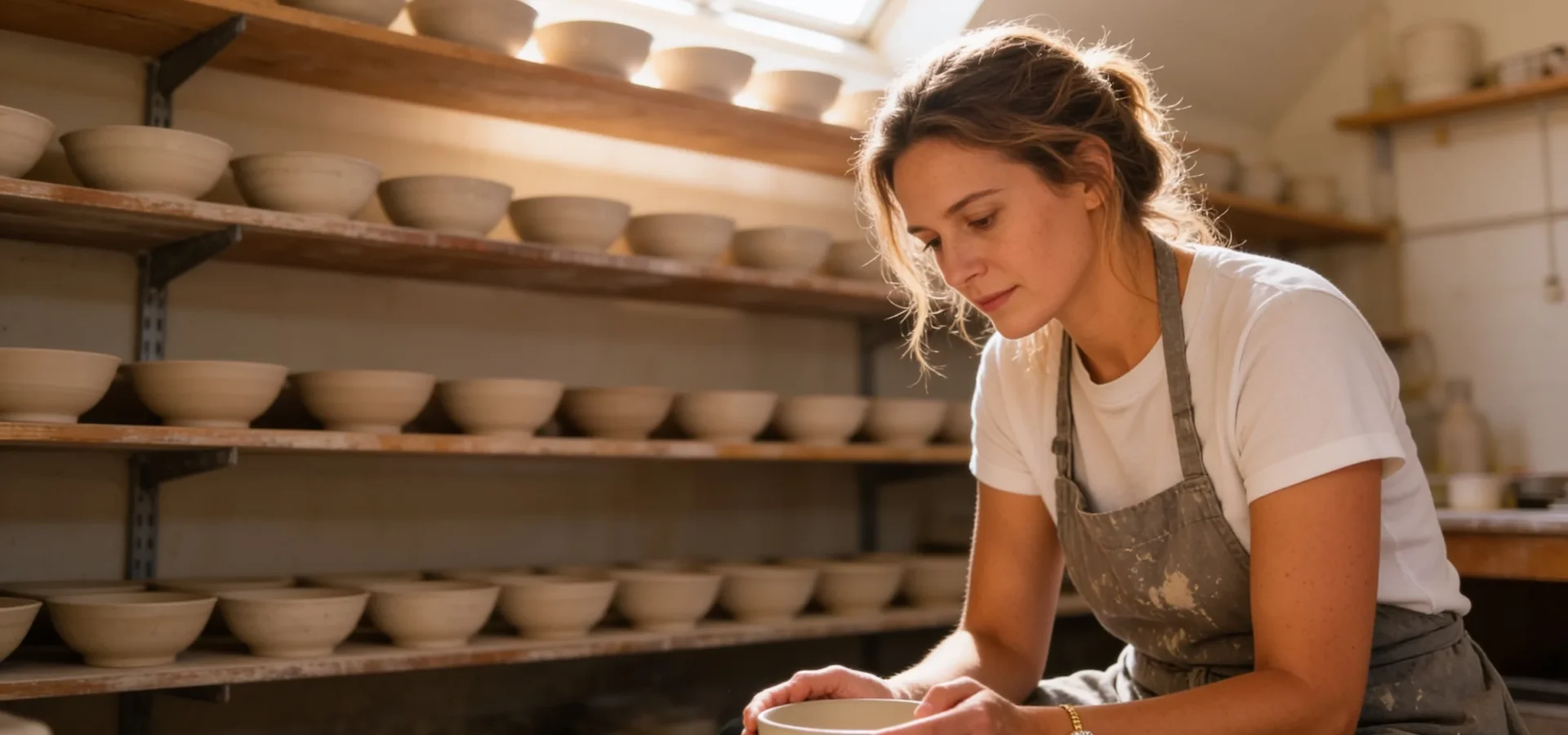 Potter shaping clay on a pottery wheel in a studio with shelves of ceramic bowls behind her.